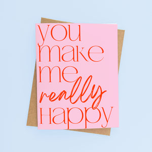 You-make-me-really-happy-Valentines-Day-Card. Pink and Red cute Valentines Day card for Boyfriend, Galentines day card, personalized Card