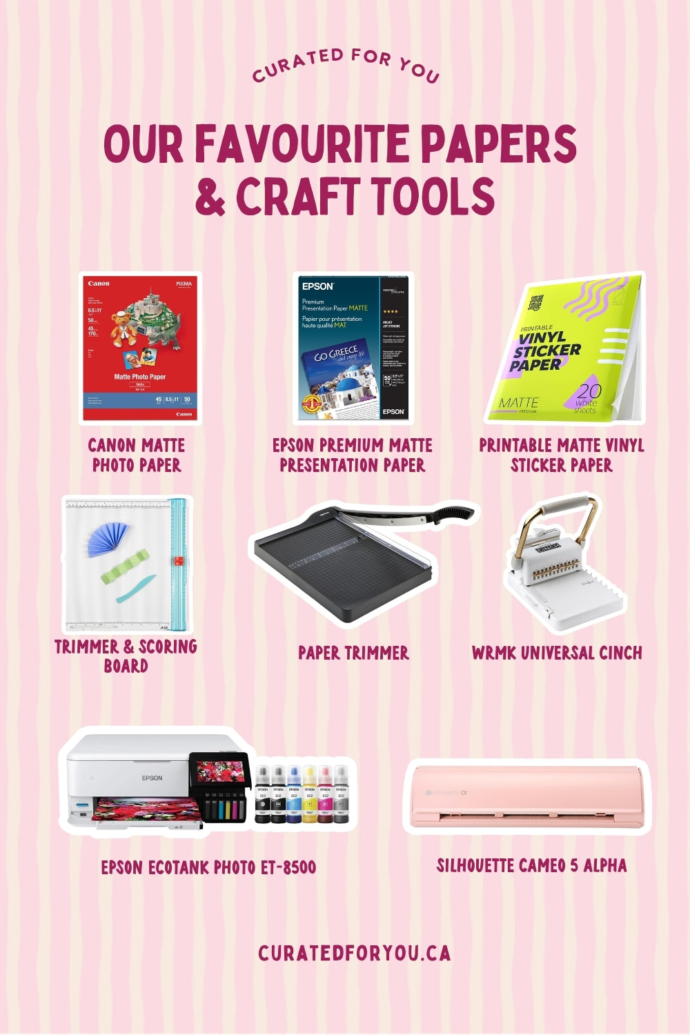 Curated For You’s favourite papers and craft tools: matte papers, sticker paper, trimmers, an Epson printer, a Cinch binding machine and a Silhouette Cameo.
