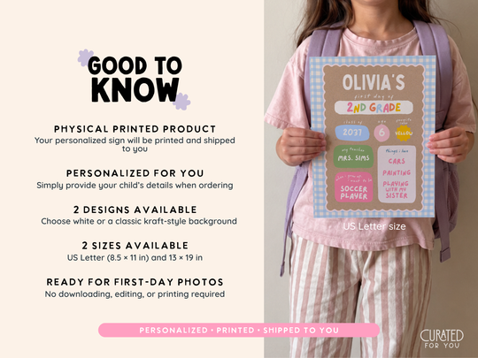 A promotional graphic for a personalized school sign. On the left, text explains that the physical printed product is shipped to the customer.