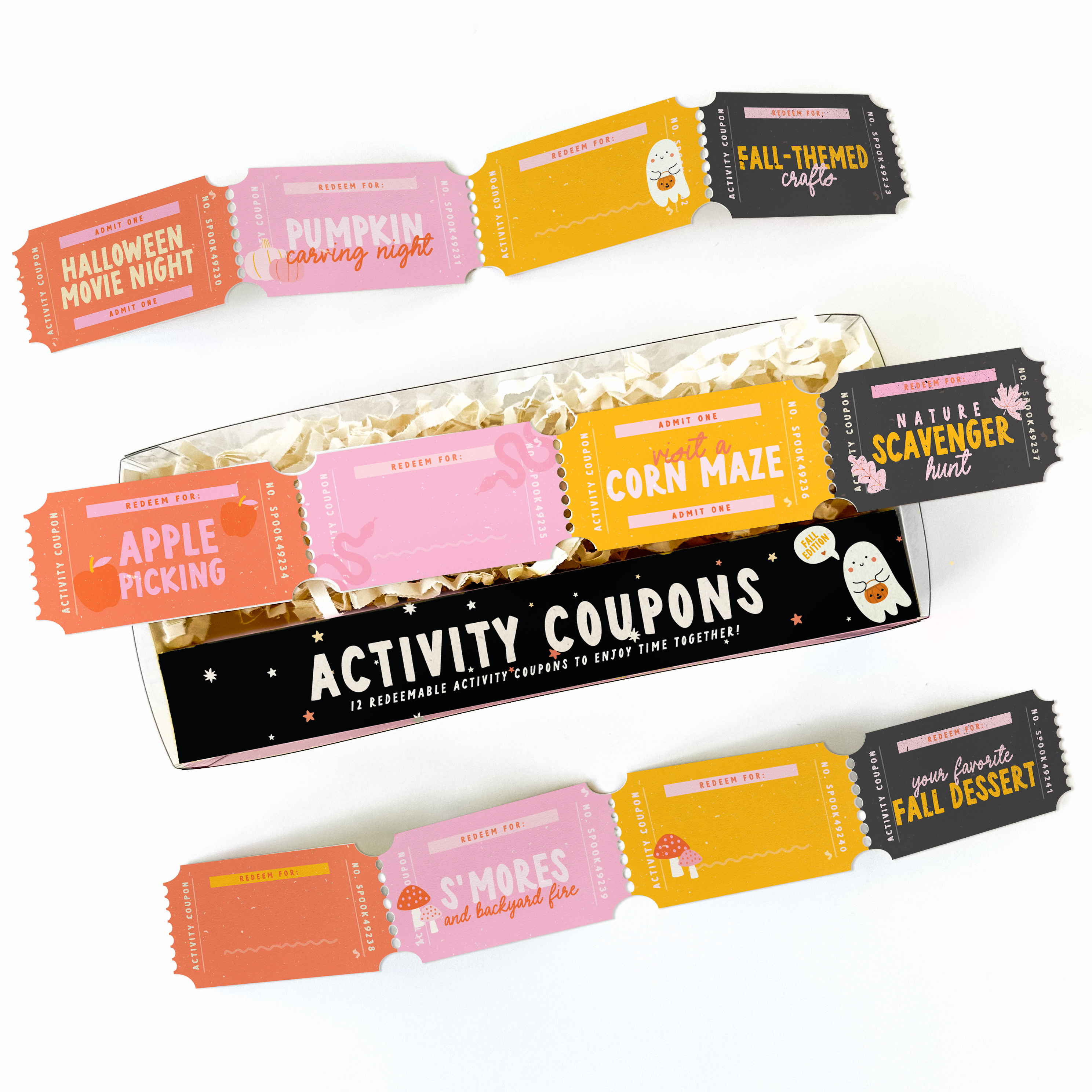 Set of fall-themed activity coupons in a box on a white background