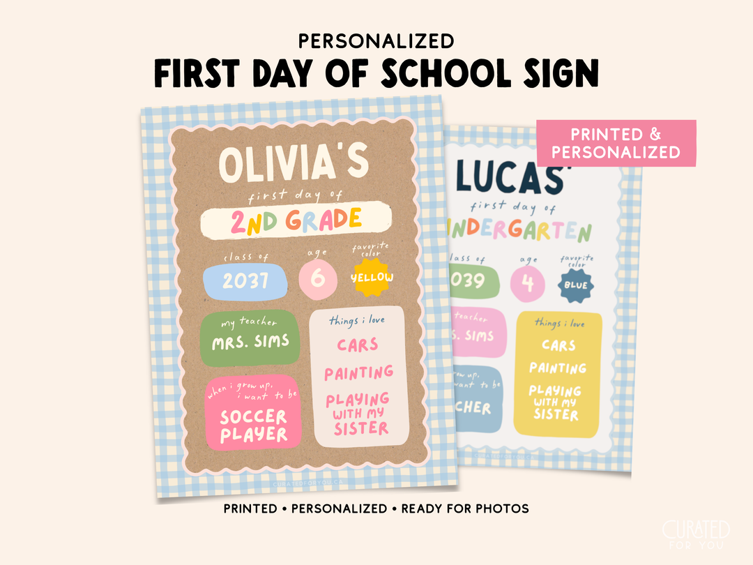 Personalized first day of school sign template shown on a light beige kraft background, with two sample signs: one for Olivia, 2nd grade, and one for Lucas, kindergarten. The signs have a blue-and-white gingham border and pastel sections for age, year, interests, and favorite activities.