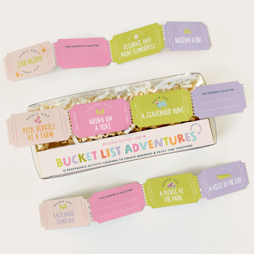 Gift Box of 'Summer Bucket List Adventures' activity coupons with colorful tickets on a white background