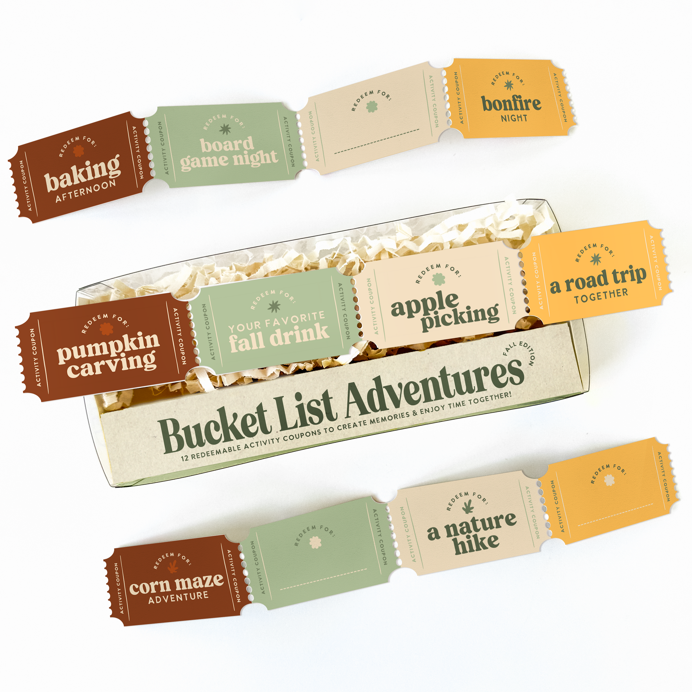 Box of 'Bucket List Adventures' activity coupons with various themed tickets on a white background. A ready-to-gift fall bucket list coupon box for couples, families, or friends. Pick a coupon and turn it into a cozy fall activity, date idea, or seasonal tradition.
