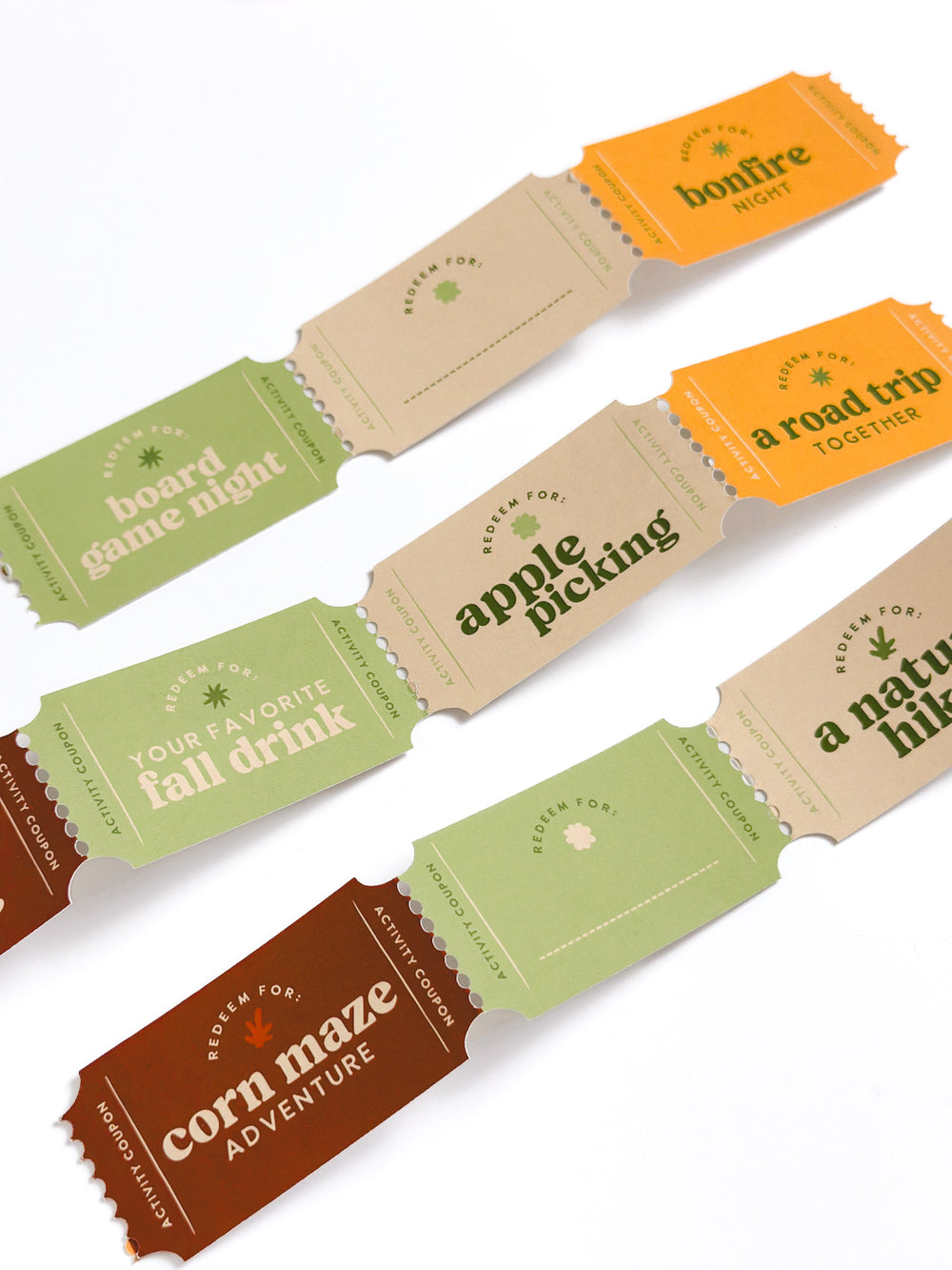 Fall Tickets Minipack of 'Bucket List Adventures' activity coupons with various themed tickets on a white background. A ready-to-gift fall bucket list coupon box for couples, families, or friends. Pick a coupon and turn it into a cozy fall activity, date idea, or seasonal tradition.
