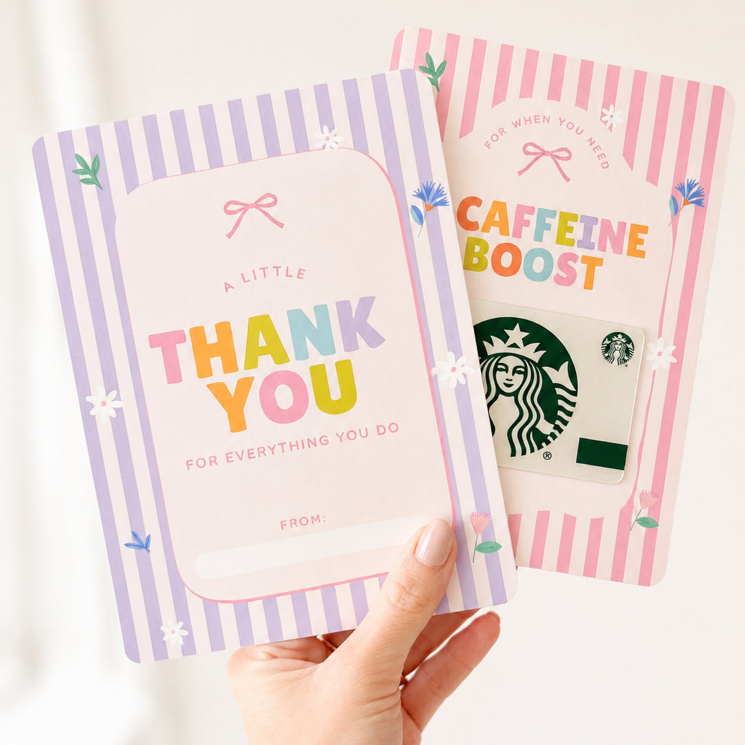 Two Starbucks cards, one with 'Thank You' and the other with 'Caffeine Boost', held by a hand against a white background. Teacher Thank you gift card holder.