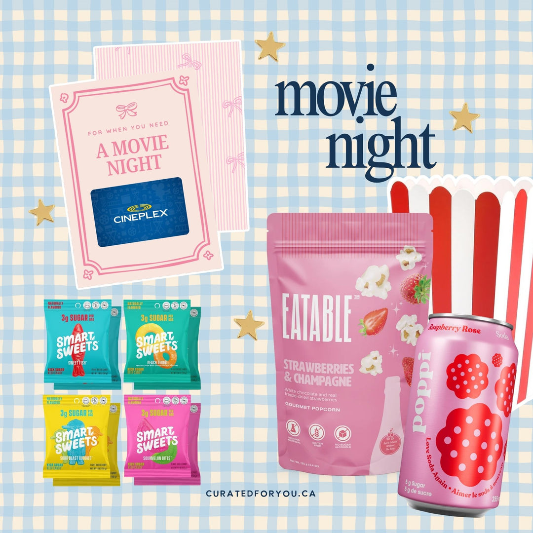 A curated movie night gift set featuring a pink Cineplex gift card, pink and multicolor smart sweets bags, a pink Eatable Strawberry & Champagne popcorn pouch, a pink Popcherry can, and a red-and-white popcorn bucket on a blue-and-white gingham background with gold stars and the text 'movie night'.
Movie-night teacher gift idea with a Cineplex gift card holder, gourmet popcorn, candy and raspberry soda.