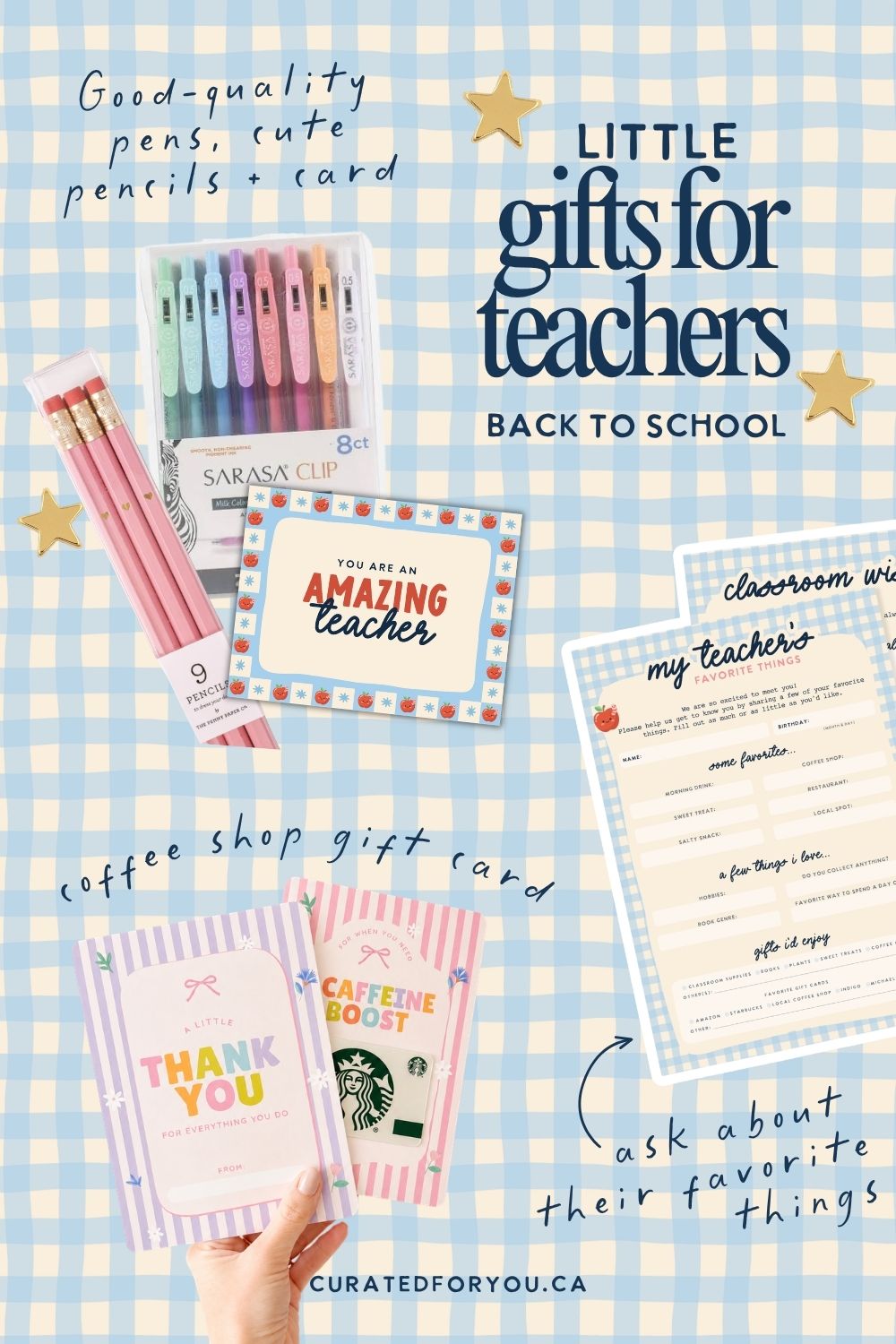Back-to-school teacher gift guide with pastel pens, pink pencils, an appreciation card, coffee gift card holder and teacher questionnaire.
Back to school teacher gift set featuring a pack of pastel multi-colored pens, pink pencils, a 'You are an amazing teacher' card, a 'Thank You' notebook, a 'Cafe Break' notebook, and a 'Classroom Wishes' gift card, all arranged on a light blue and white checkered background with decorative text and star graphics.