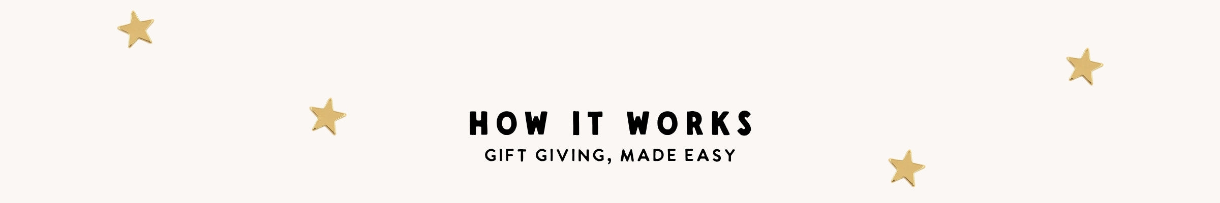 Text 'HOW IT WORKS GIFT GIVING, MADE EASY' with decorative stars on a white background