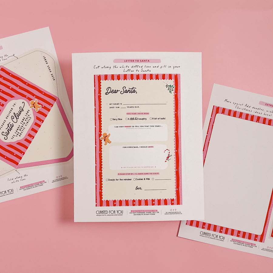 Set of Christmas-themed printable letter to Santa and cards on a pink background