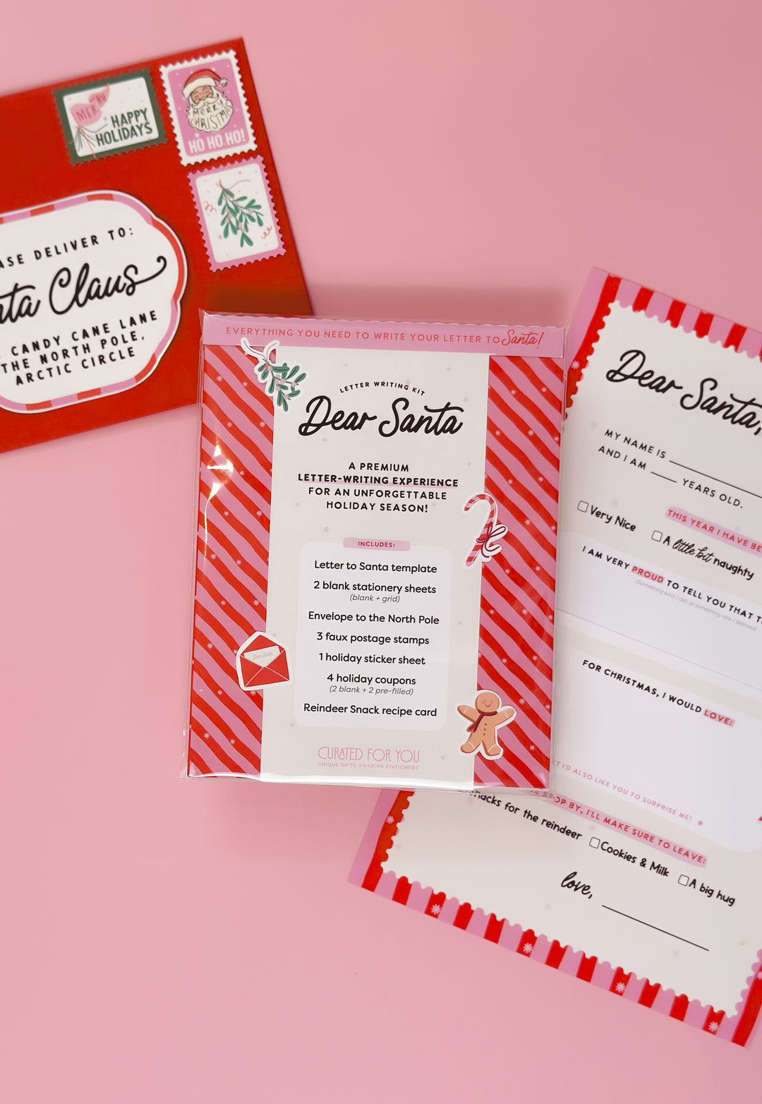 Packaged Dear Santa letter template kit in festive red and pink design, ready for gifting. the perfect holiday activity for kids