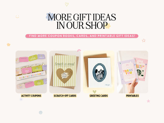 Promotional image for gift ideas with various card types on a white background. Find more coupon books, cards, and printable gift ideas!