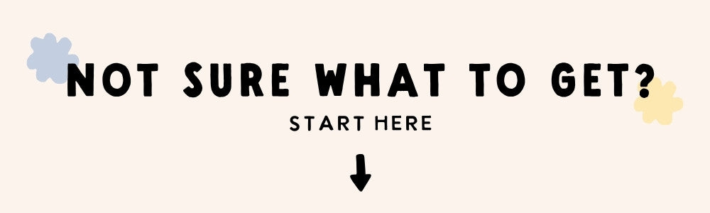 Text prompt with question 'Not sure what to get?' Shop custom Gifts and Personalized stationery on a beige background.
