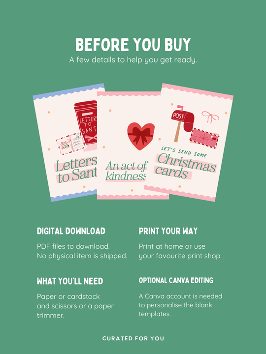 Christmas activity card download details: print at home or a print shop, gather paper and cutting supplies, and optionally edit blanks in Canva.