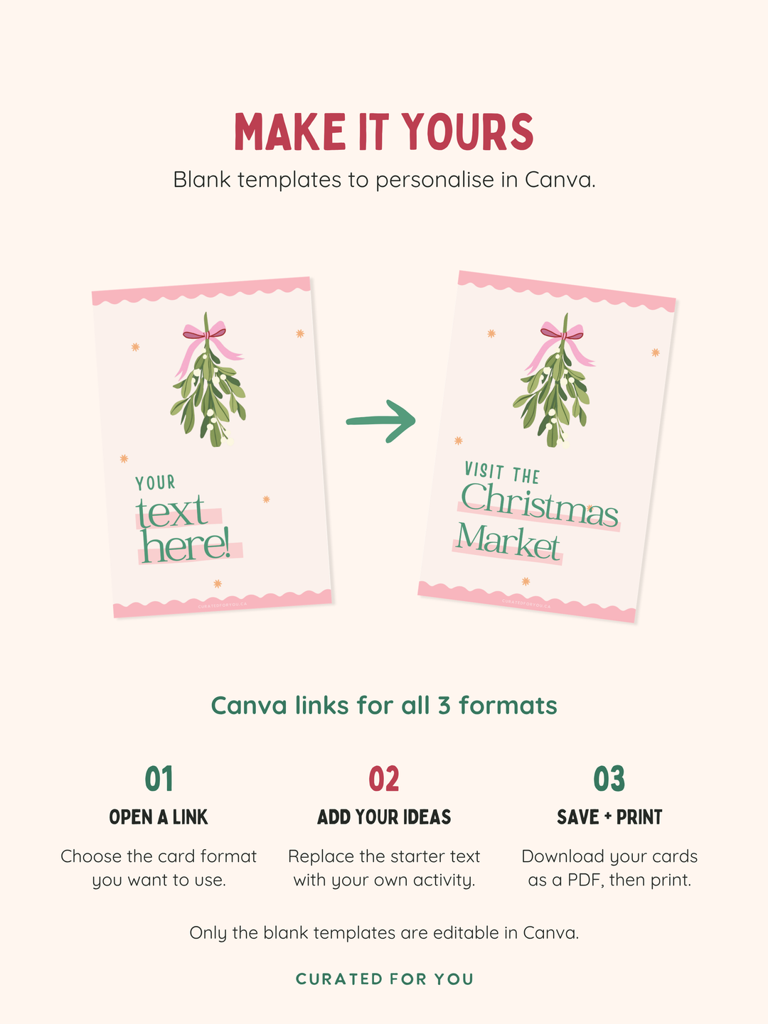 Canva blank Christmas card templates with mistletoe, wreath and tree illustrations, ready to personalize with your own activities.