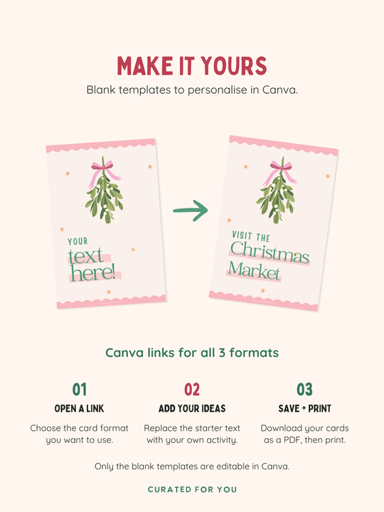 Canva blank Christmas card templates with mistletoe, wreath and tree illustrations, ready to personalize with your own activities.