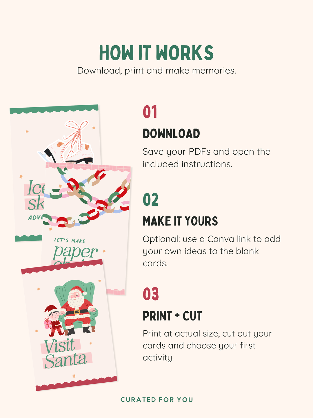 How to use the Christmas activity cards: download the PDFs, optionally personalise the blanks in Canva, then print and cut.
