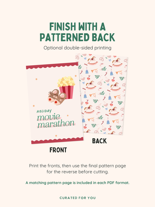 Front of a Christmas movie marathon activity card beside its matching back patterned with festive illustrations.