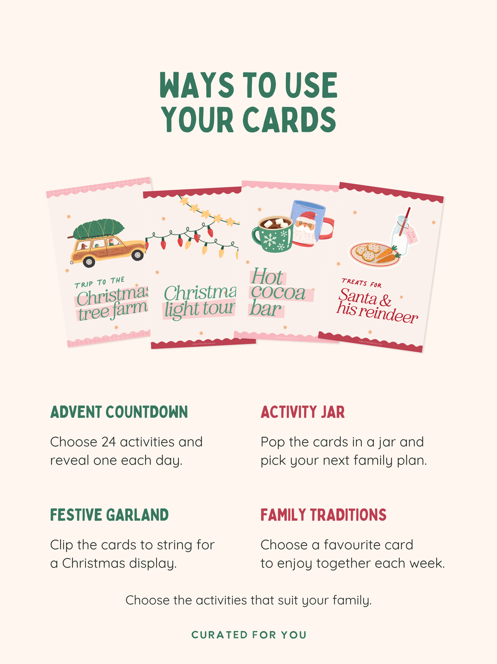 Christmas activity cards for an Advent countdown, activity jar, festive garland or choosing family traditions together.