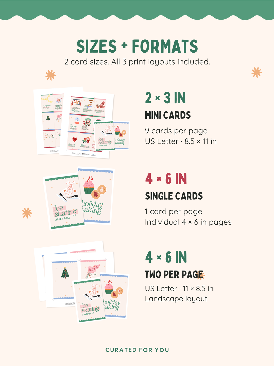 Printable card layouts: 2 × 3 inch cards nine per Letter sheet, and 4 × 6 inch cards printed individually or two per Letter sheet.