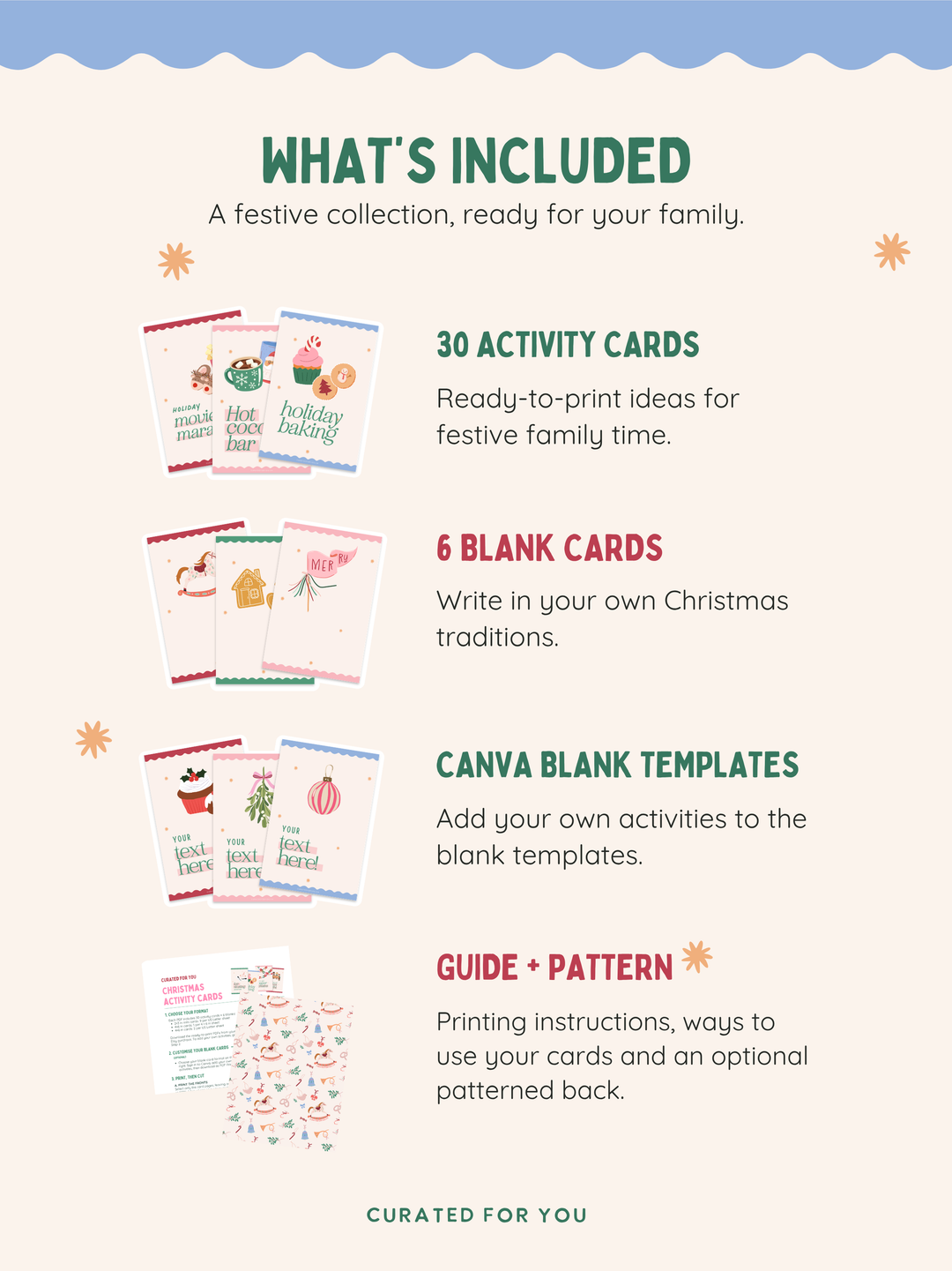 Christmas activity card set contents: 30 activities, 6 blanks, Canva blank templates, printing guide and optional patterned back.