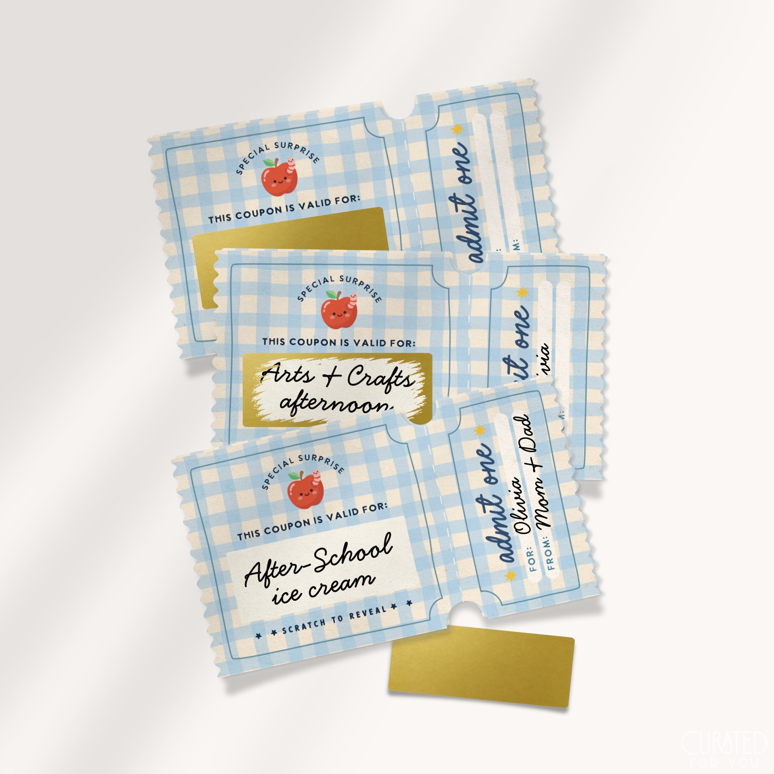 Four novelty scratch-off coupon tickets with a light blue and white gingham pattern, featuring a small red apple illustration and gold foil accents, arranged on a clean white background with a gold card below for back to school surprises