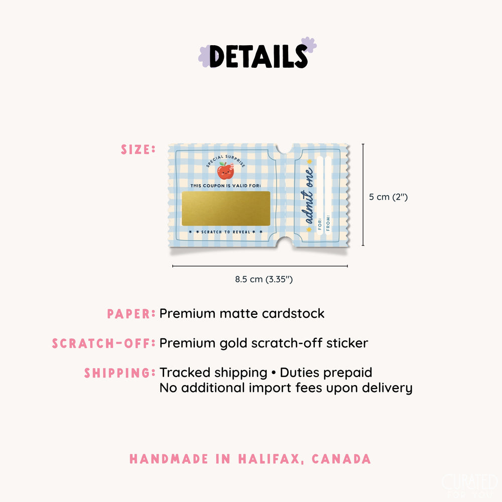 Product details graphic for a 'Details' branded 5 cm x 8.5 cm paper scratch-off sticker.