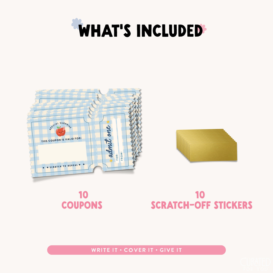 A product inclusion graphic showing a stack of blue-and-white checkered coupon tickets and a stack of gold scratch-off stickers on a light beige background, with text reading &