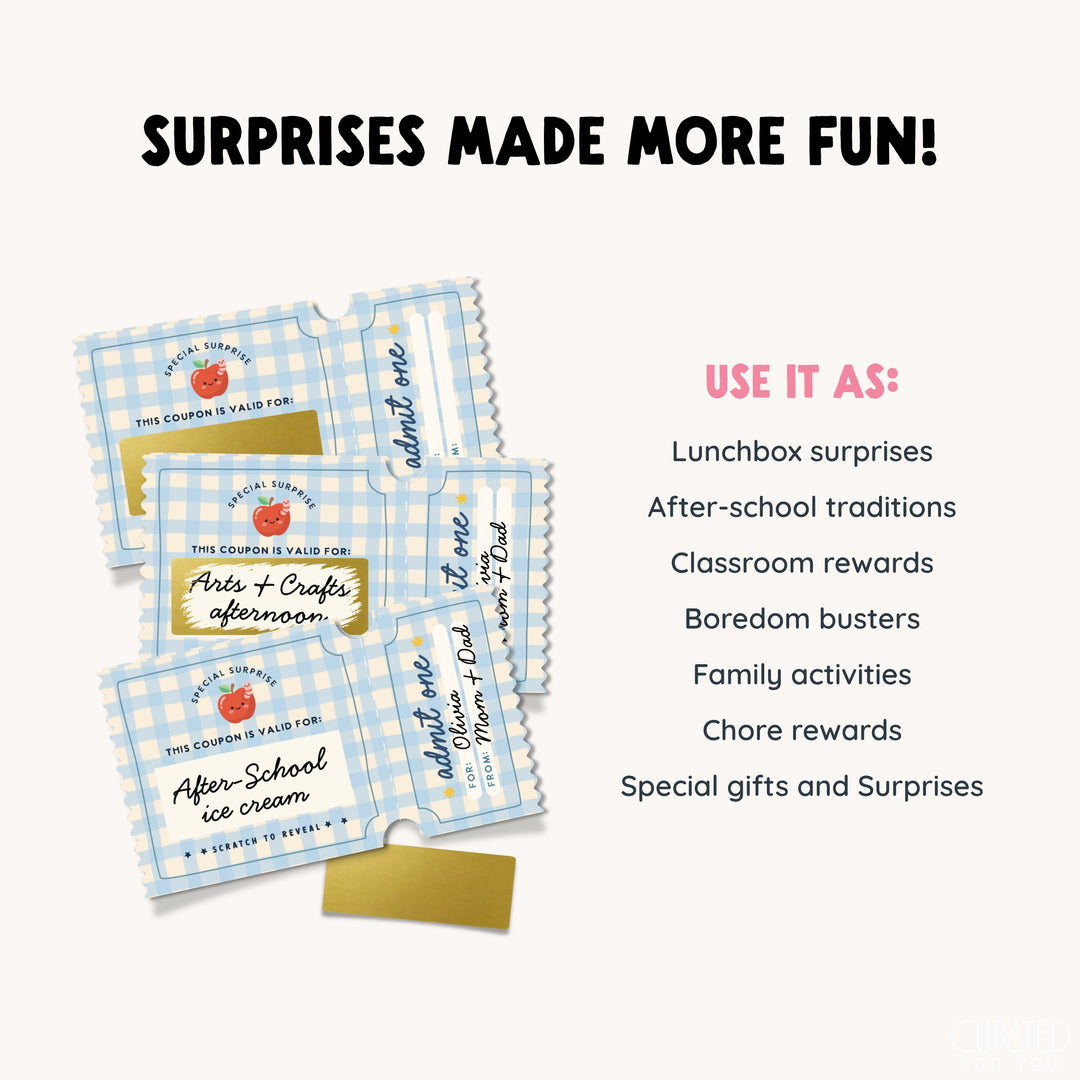 A promotional graphic for edible coupon-style treats showing several light blue and white gingham wrapped coupons with gold foil edges and text such as &