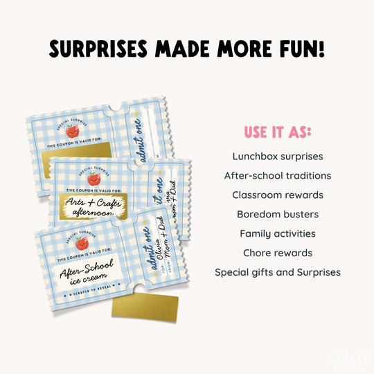 A promotional graphic for edible coupon-style treats showing several light blue and white gingham wrapped coupons with gold foil edges and text such as &