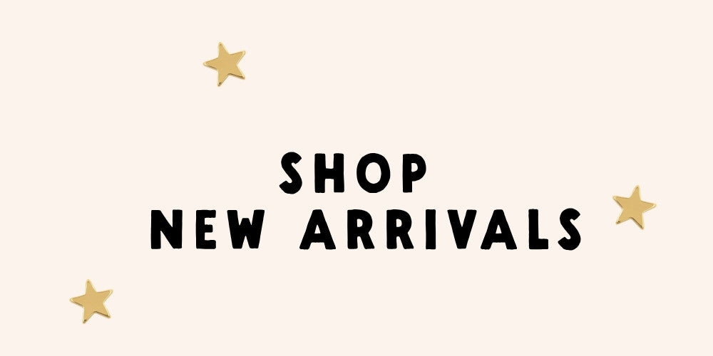'SHOP NEW ARRIVALS' with gold stars on a white background