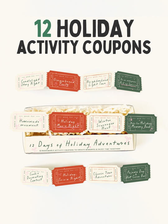 A flat lay of a 12 Day of Holiday Adventures activity coupon kit on a cream background, featuring illustrated ticket stubs in red, green, and cream with handwritten holiday activity names, under the title &