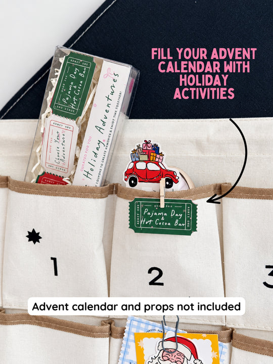 An open canvas advent calendar with numbered pockets and decorative holiday tags, shown with promotional text overlays about filling it with holiday activities. No person or real environment is present, so this is Product/Packaging rather than Lifestyle.