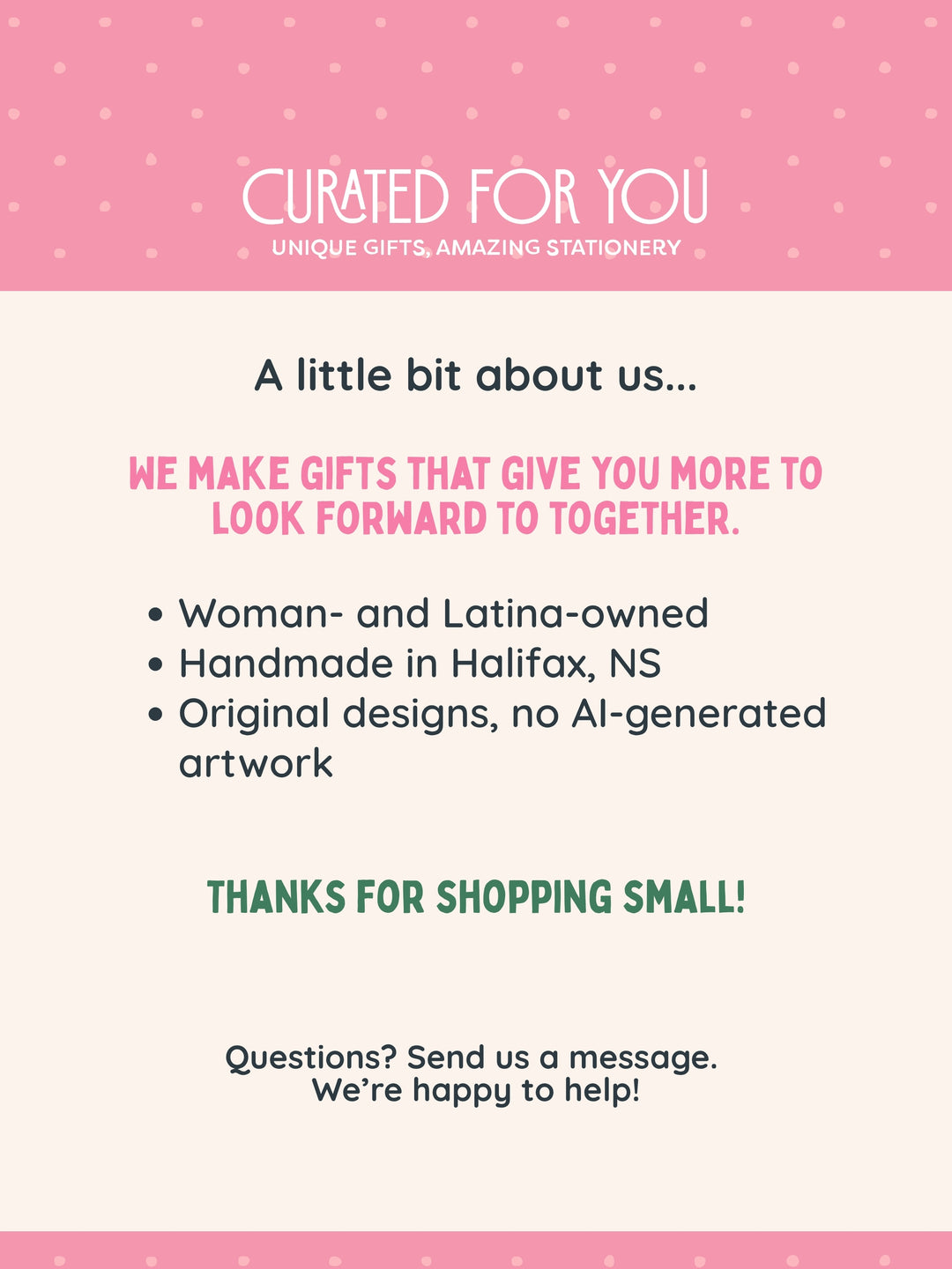A digital graphic card with a pink dotted header and footer on a cream background, featuring the brand name &