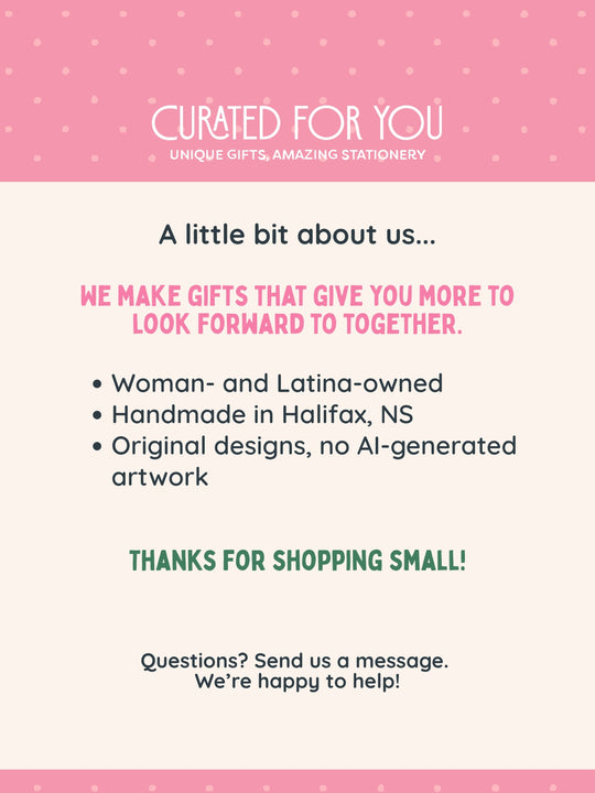 A digital graphic card with a pink dotted header and footer on a cream background, featuring the brand name &