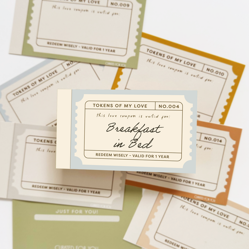 Valentine’s Day printable love coupons with a “Breakfast in Bed” token, a digital experience gift for couples to print at home.