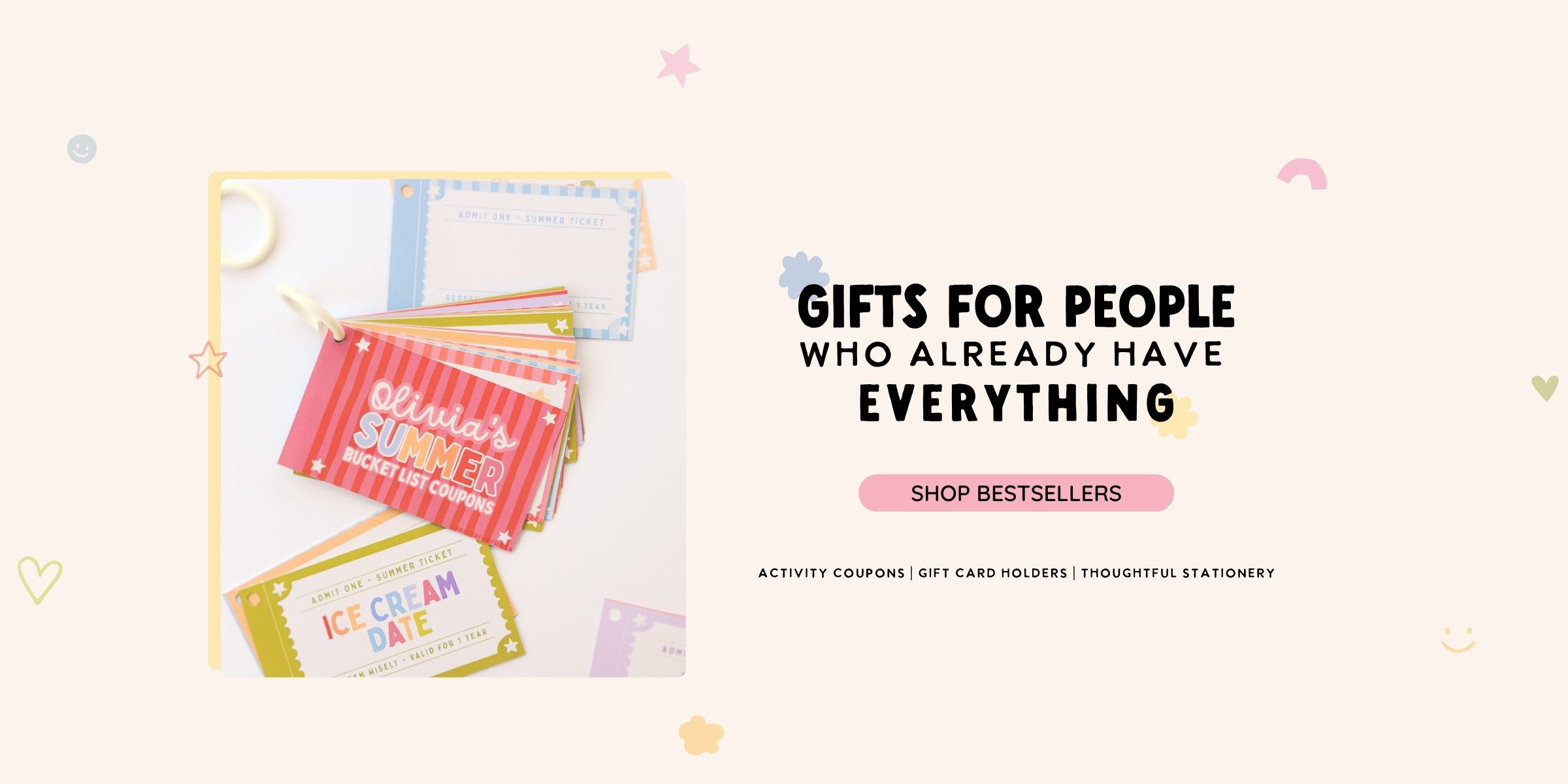 Promotional banner for gifts with colorful packages and text on a light background. Gifts for People who already have everything.