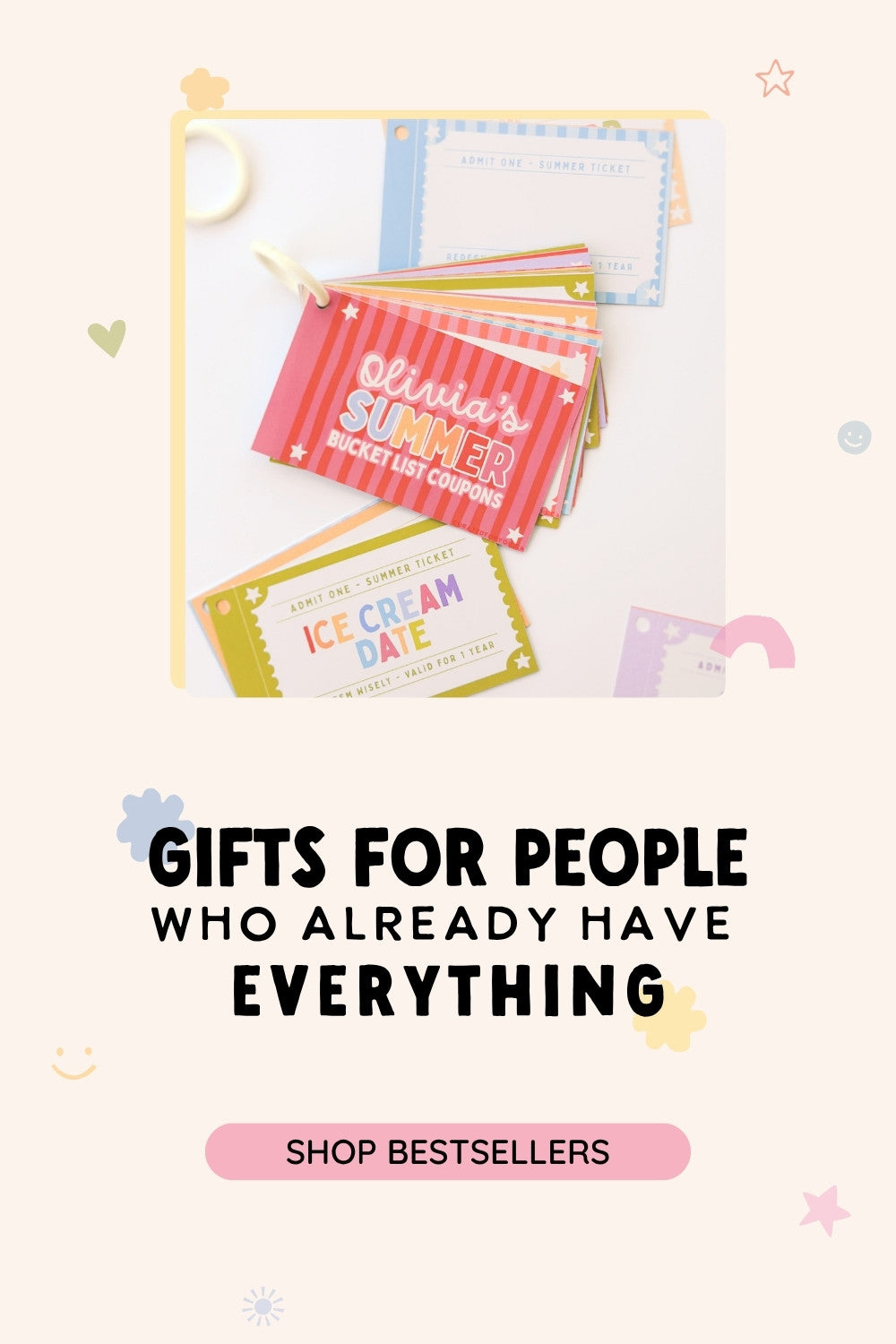Promotional graphic for gifts for people who already have everything with colorful gift cards and text overlay. Image of Summer Bucket list coupons for kids