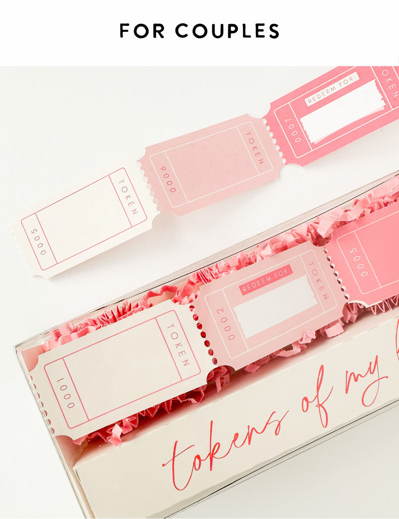 Pink gift box with 'tokens of my love' text, suitable for couples. Anniversary gift