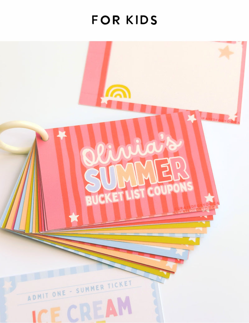 Colorful 'Olivia's Summer Bucket List Coupons' for kids on a white background