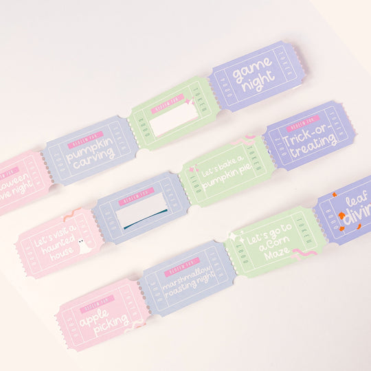 Halloween countdown coupon box with pastel activity tickets for October activities.