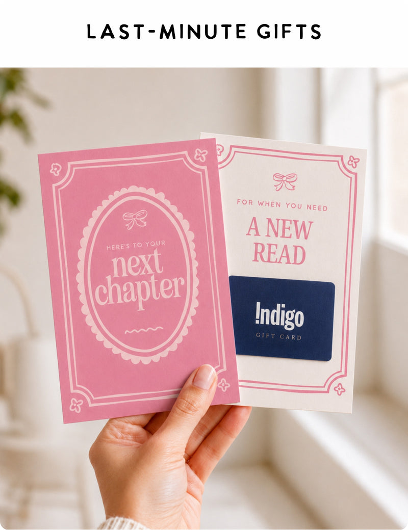 Hand holding two gift cards, one pink with 'Next Chapter' text and the other white with 'Indigo' gift card. Gift card holder gift for book lovers