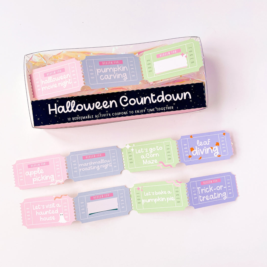 Pastel Halloween activity coupon gift box with mini ticket-style coupons.