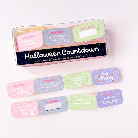 Pastel Halloween activity coupon gift box with mini ticket-style coupons.