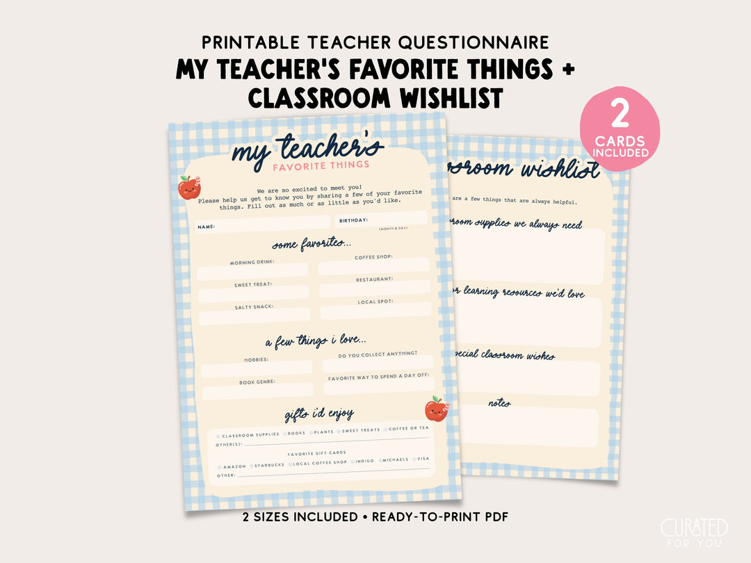 Printable teacher questionnaire and classroom wishlist PDF template shown on a light beige background. The design features a blue-and-white gingham border with cream cardstock-style pages and black text.