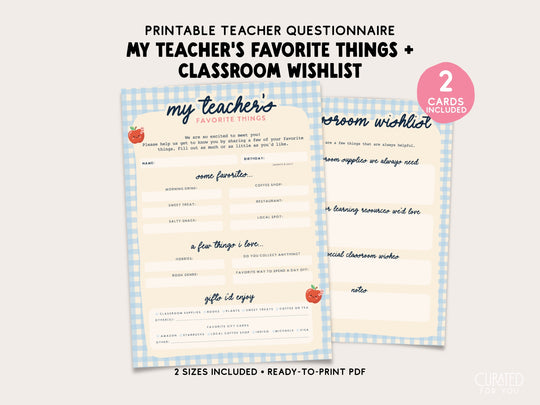 Printable teacher questionnaire and classroom wishlist PDF template shown on a light beige background. The design features a blue-and-white gingham border with cream cardstock-style pages and black text.