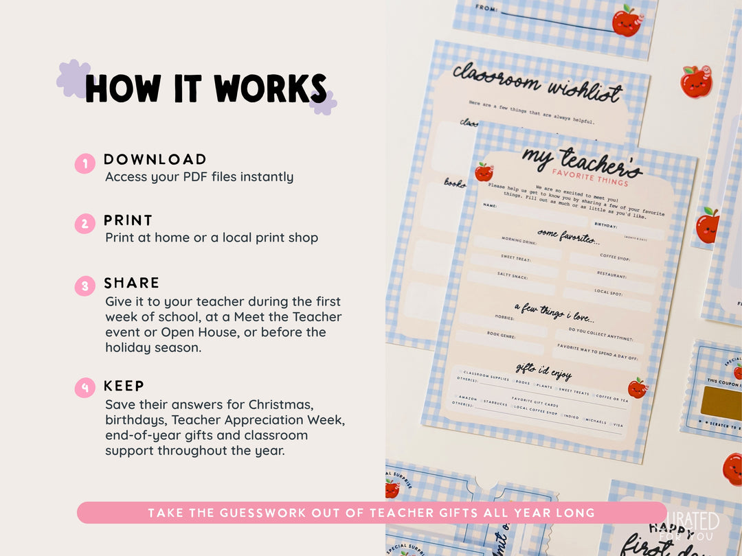 Promotional graphic for a teacher gift worksheet bundle, showing printed worksheet pages on a gingham background with text explaining how to download, print, share, and keep the PDF files. The pages include titles like &