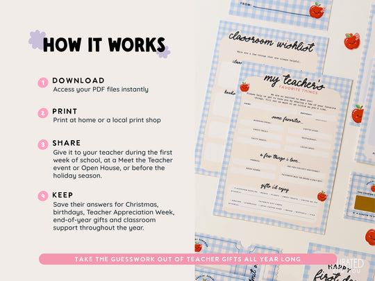Promotional graphic for a teacher gift worksheet bundle, showing printed worksheet pages on a gingham background with text explaining how to download, print, share, and keep the PDF files. The pages include titles like &