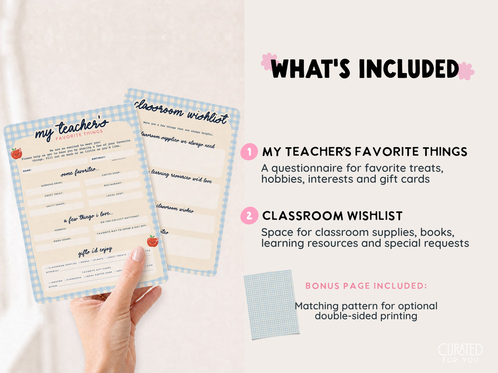 A hand holds two printed classroom-themed stationery sheets against a soft light background, with text on the right describing included items: 'My Teacher's Favorite Things' and 'Classroom Wishlist' pages, plus a bonus double-sided printing sheet.