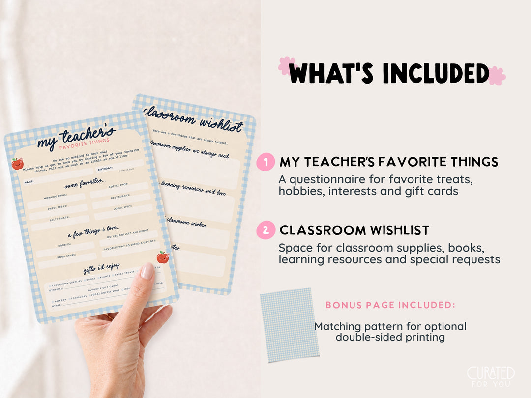 A hand holds two printed classroom-themed stationery sheets against a soft light background, with text on the right describing included items: &