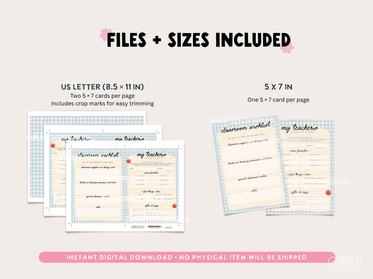 Printable My Teacher’s Favorite Things questionnaire and Classroom Wishlist cards in blue gingham, with two cards and two PDF sizes included. Teacher questionnaire PDF sizes showing US Letter sheets with two 5 × 7 cards and individual 5 × 7 card files.